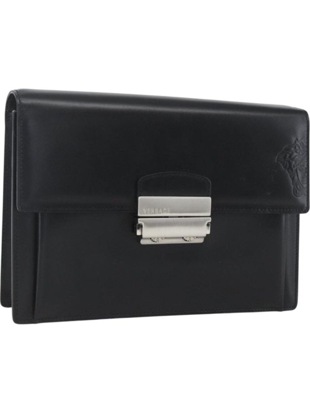 VERSACE Clutch Bag Leather Black Silver